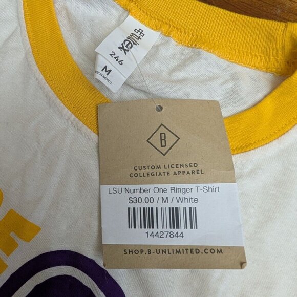 LSU TIGERS We're #1 Shirt Mens Medium White Purple Ringer Finger Retro Style - Picture 7 of 16